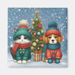 Cute Christmas puppy & kitten Magnet