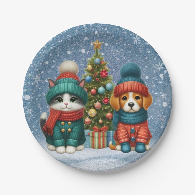 Cute Christmas puppy & kitten Paper Plates (Front)