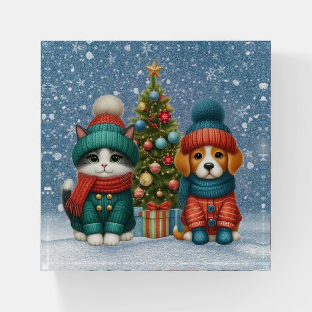 Cute Christmas puppy & kitten Paperweight (Front)