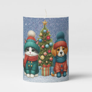 Cute Christmas puppy & kitten Pillar Candle