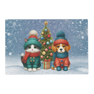 Cute Christmas puppy & kitten Placemat