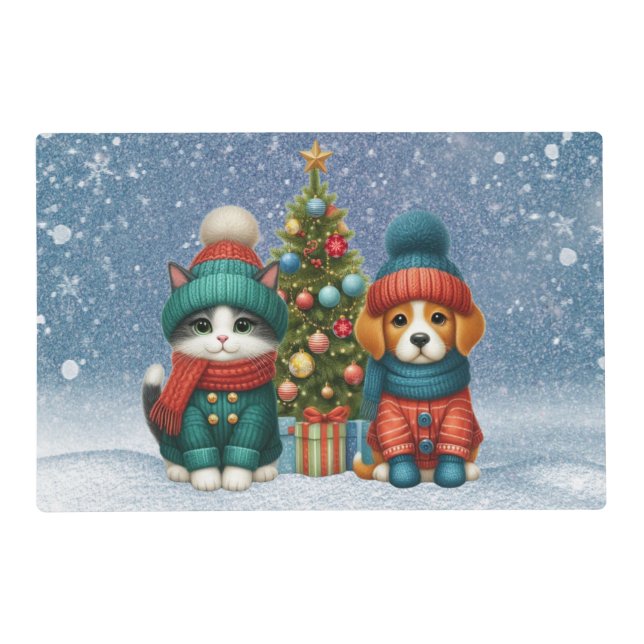 Cute Christmas puppy & kitten Placemat (Front)