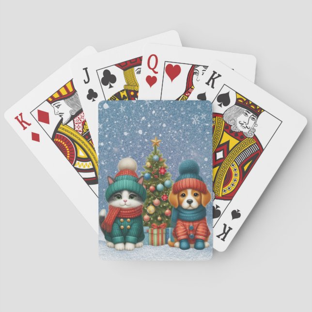 Cute Christmas puppy & kitten Poker Cards (Back)