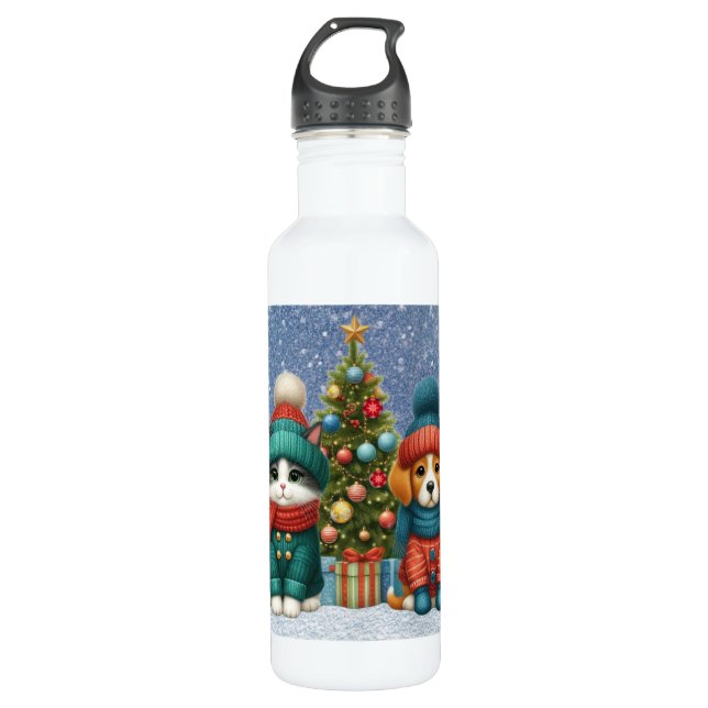 Cute Christmas puppy & kitten Stainless Steel Water Bottle (Front)