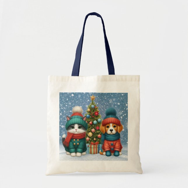 Cute Christmas puppy & kitten Tote Bag (Front)