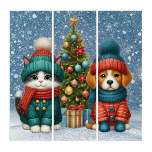 Cute Christmas puppy & kitten Triptych
