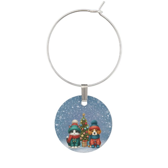 Cute Christmas puppy & kitten Wine Charm (Front)