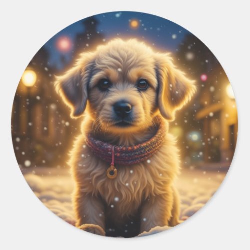 Cute Christmas Puppy on a Snowy Night Classic Round Sticker
