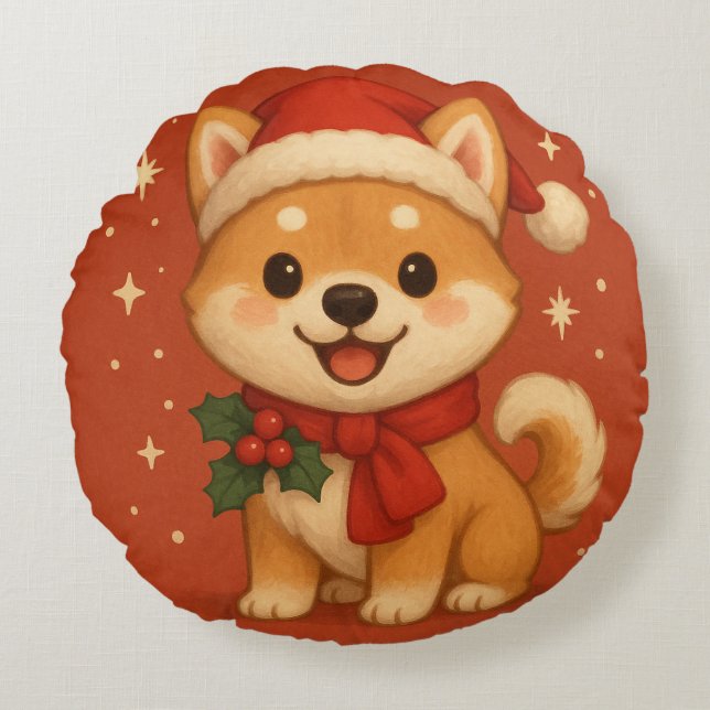Cute Christmas Puppy Round Pillow (Front)