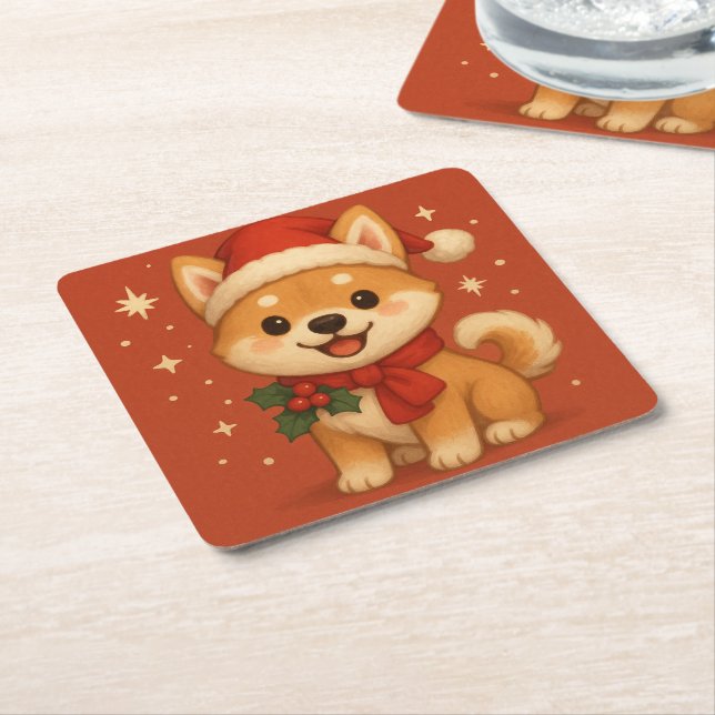 Cute Christmas puppy Square Paper Coaster (Angled)