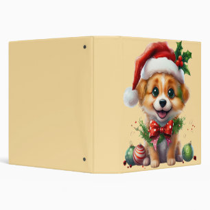 Cute Christmas Puppy with Santa Hat and Bow 3 Ring Binder