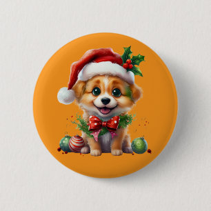 Cute Christmas Puppy with Santa Hat and Bow Button