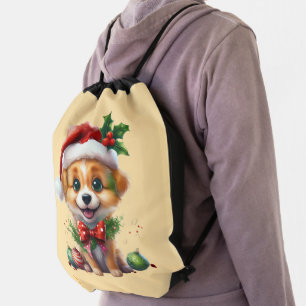 Cute Christmas Puppy with Santa Hat and Bow Drawstring Bag