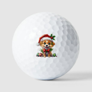 Cute Christmas Puppy with Santa Hat and Bow Golf Balls