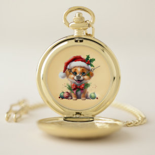 Cute Christmas Puppy with Santa Hat and Bow Pocket Watch
