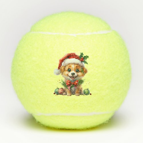 Cute Christmas Puppy with Santa Hat and Bow Tennis Balls