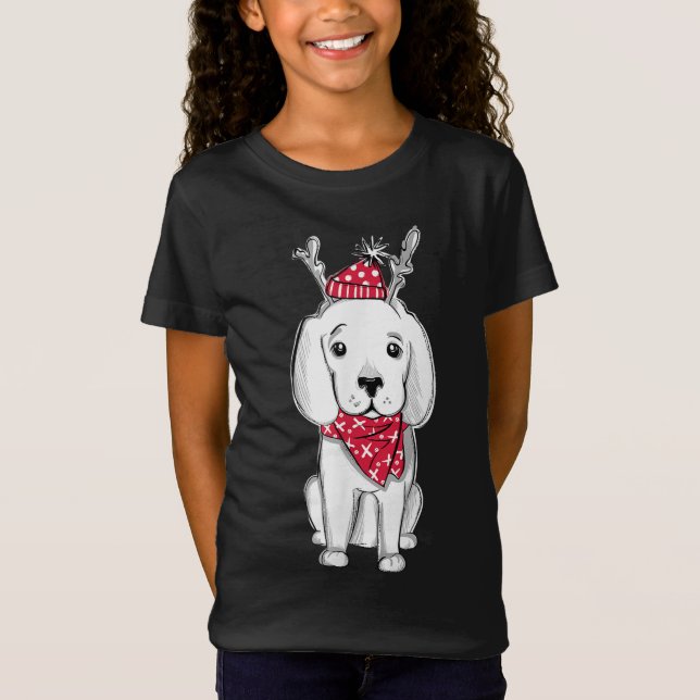 Cute Christmas Puppy Xmas Outfit Dog with Reindeer T-Shirt (Front)