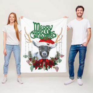 Cute Christmas Pygmy Goat with Antlers and Wreath Fleece Blanket