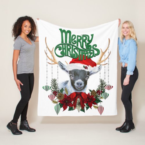 Cute Christmas Pygmy Goat with Antlers and Wreath Fleece Blanket