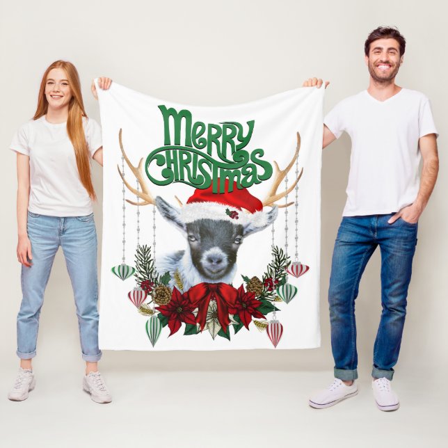 Cute Christmas Pygmy Goat with Antlers and Wreath Fleece Blanket (In Situ)