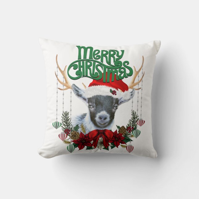 Cute Christmas Pygmy Goat with Antlers and Wreath Throw Pillow (Front)