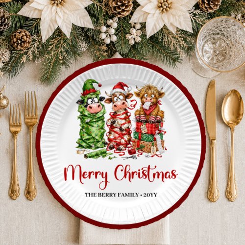 Cute Christmas quirky cow cartoon christmas paper  Plates