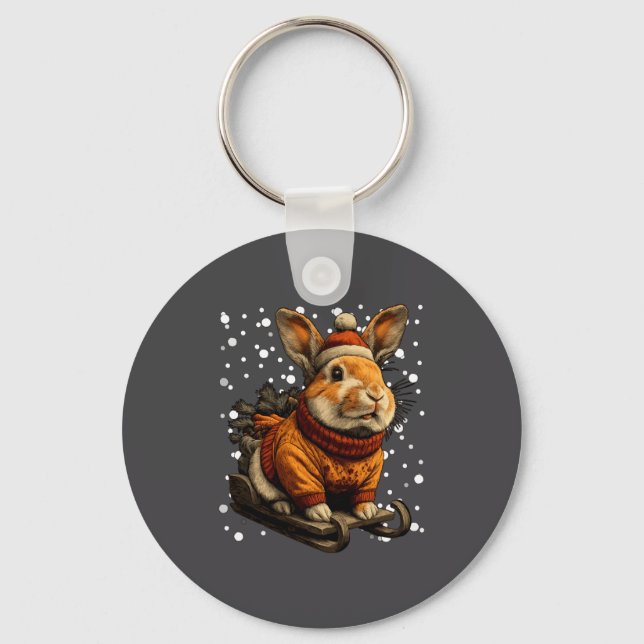 Cute Christmas Rabbit Sledding In Snow Funny Winte Keychain (Front)