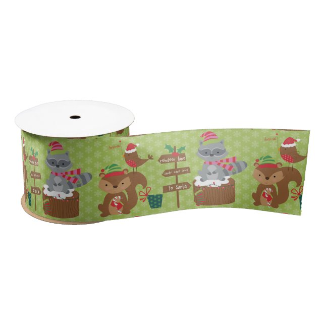 Cute Christmas Raccoon and Squirrel &  Snowflakes Satin Ribbon (Spool)