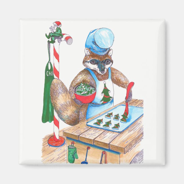 Cute Christmas Raccoon Culinary Chef Designed Magnet (Front)