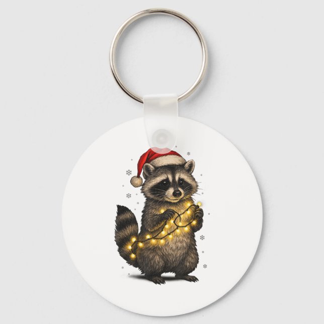 Cute Christmas Raccoon Funny Holiday Lights Animal Keychain (Front)