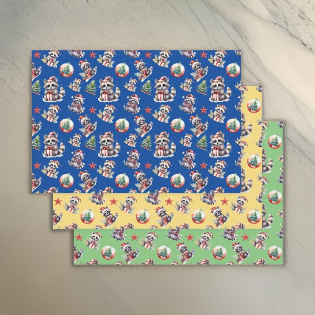 Cute Christmas Raccoons with Gifts Snowglobe Tree Wrapping Paper Sheets (Creator Uploaded)