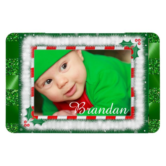 Cute Christmas Red and Green Baby Photo Magnet (Horizontal)