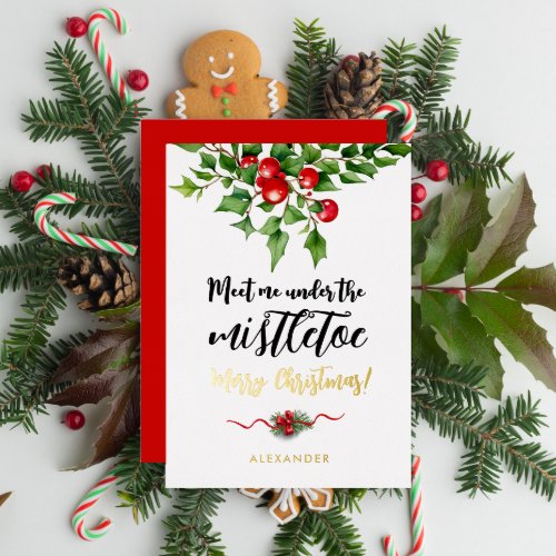 Cute Christmas Red And Green Mistletoe Watercolor Foil Holiday Card