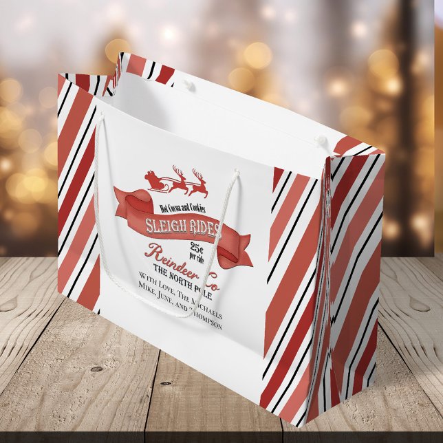 Cute Christmas Red and White Personalized Large Gift Bag (Christmas whimsical reindeer sleigh rides gift bag. )