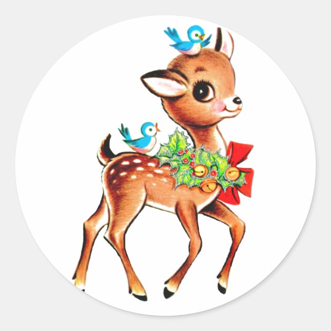 Cute Christmas Red Bow Green Holly Reindeer Classic Round Sticker (Front)