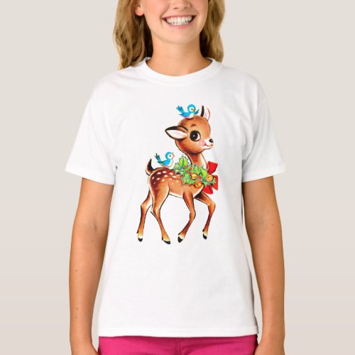 Cute Christmas Red Bow Green Holly Reindeer Kids T_Shirt