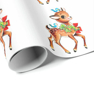 Cute Christmas Red Bow Green Holly Reindeer Wrapping Paper