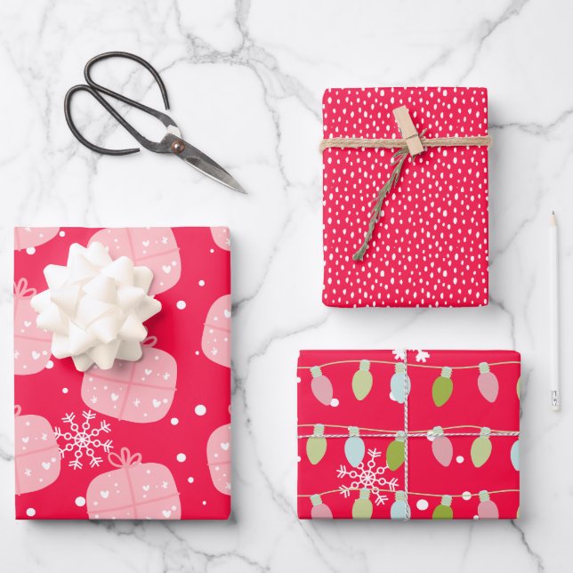 Cute Christmas Red Doodle Wrapping Paper Sheets (Front)