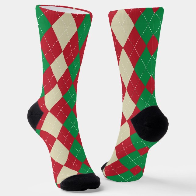 Cute Christmas Red Green and Beige Plaid Pattern Socks (Angled)