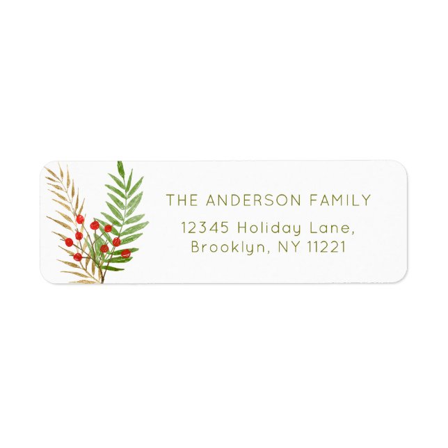 Cute Christmas Red Holly Green Gold Leaves Holiday Label (Front)