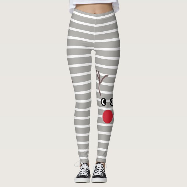 Cute Christmas Red Nose Reindeer Striped Leggings (Front)