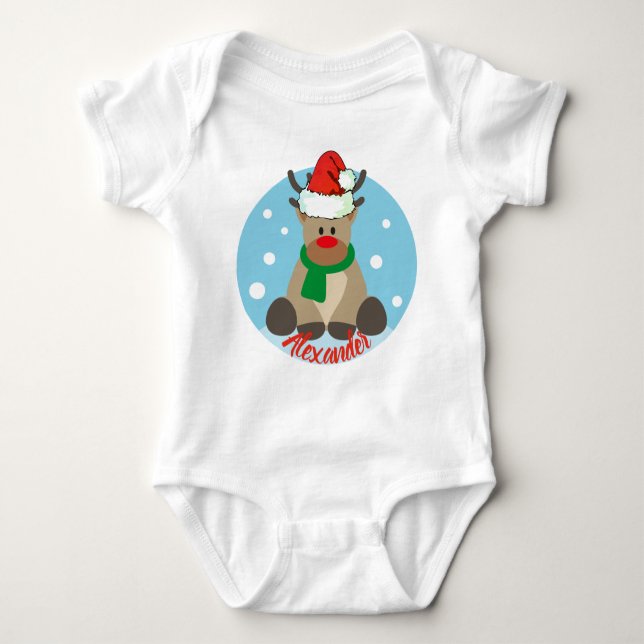 Cute Christmas Red Nose Reindeer with Santa's Hat Baby Bodysuit (Front)