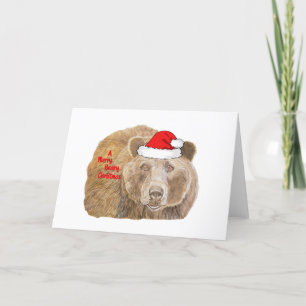 Cute Christmas Red Realistic Bear Drawing Holiday Card