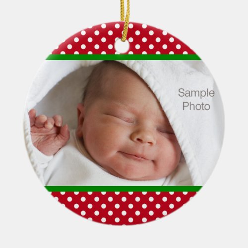 Cute Christmas Red White Polka Dots Baby Photo Ceramic Ornament