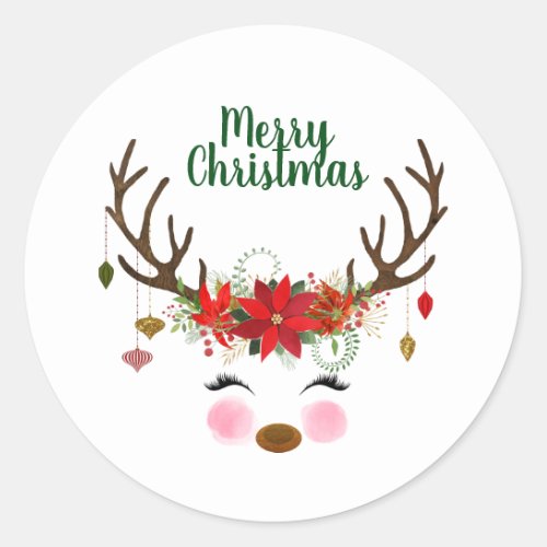 Cute Christmas Reindeer and Poinsettia Classic Round Sticker