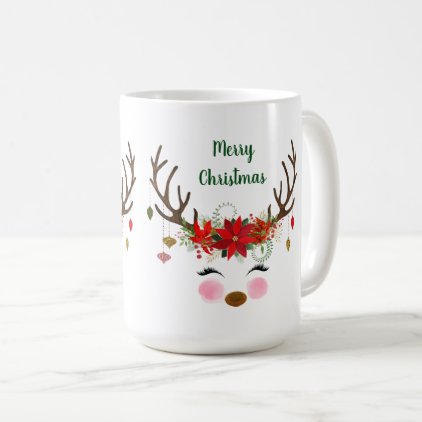 Cute Christmas Reindeer and Poinsettia Coffee Mug