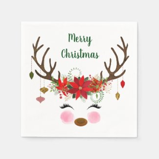 Cute Christmas Reindeer and Poinsettia Napkins