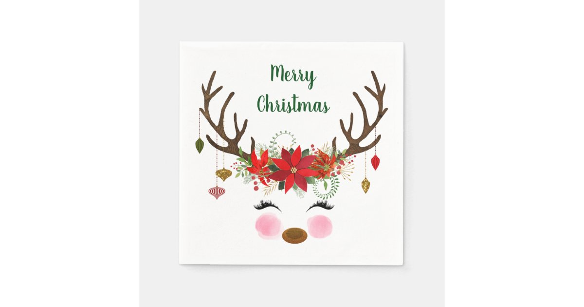 Cute Christmas Reindeer And Poinsettia Napkins Zazzle Com