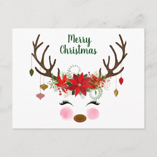 Cute Christmas Reindeer and Poinsettia Postcard