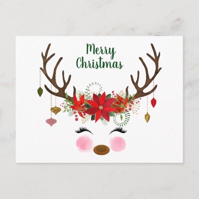 Cute Christmas Reindeer and Poinsettia Postcard (Front)